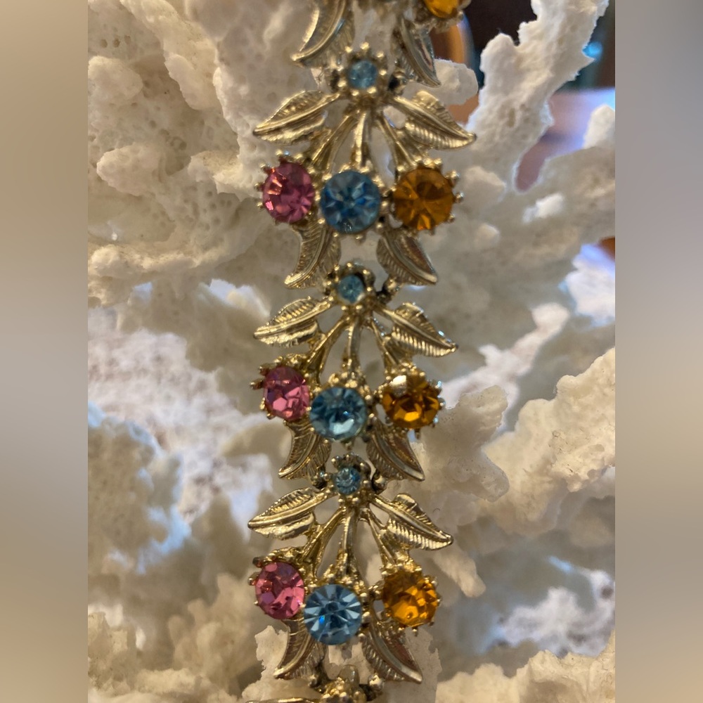 Vintage Pastel Rhinestone Gold-tone Bracelet 8” PINK BLUE YELLOW GORGEOUS - Picture 6 of 13